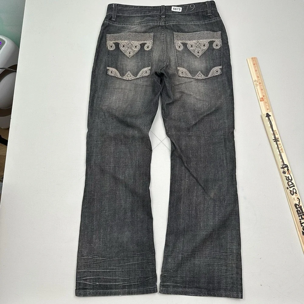 VTG INC International Concepts Rio Embroidered BootCut Jeans Men 32x30 Black Y2K